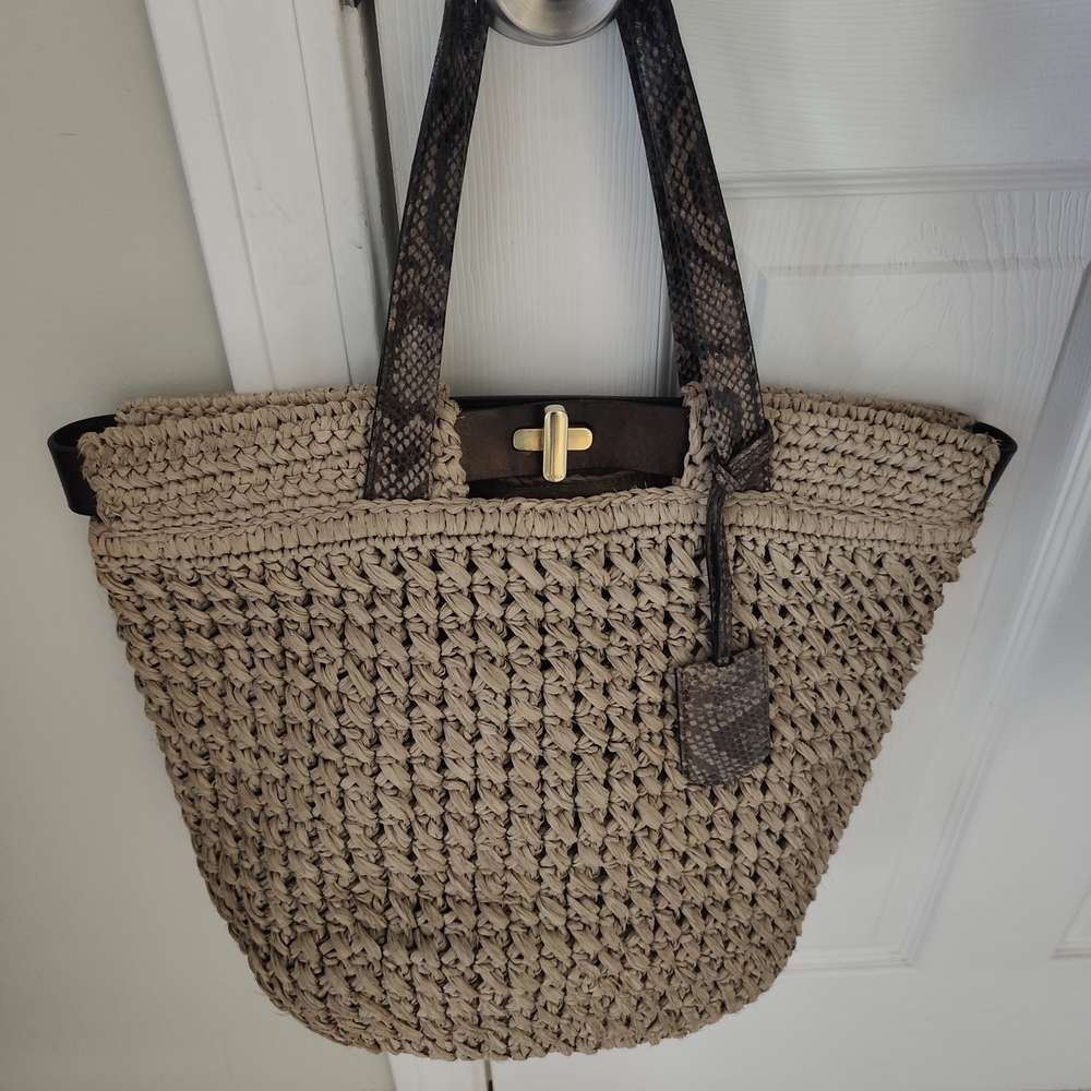 Furla Beige Woven Tote with Snake-Print Trim